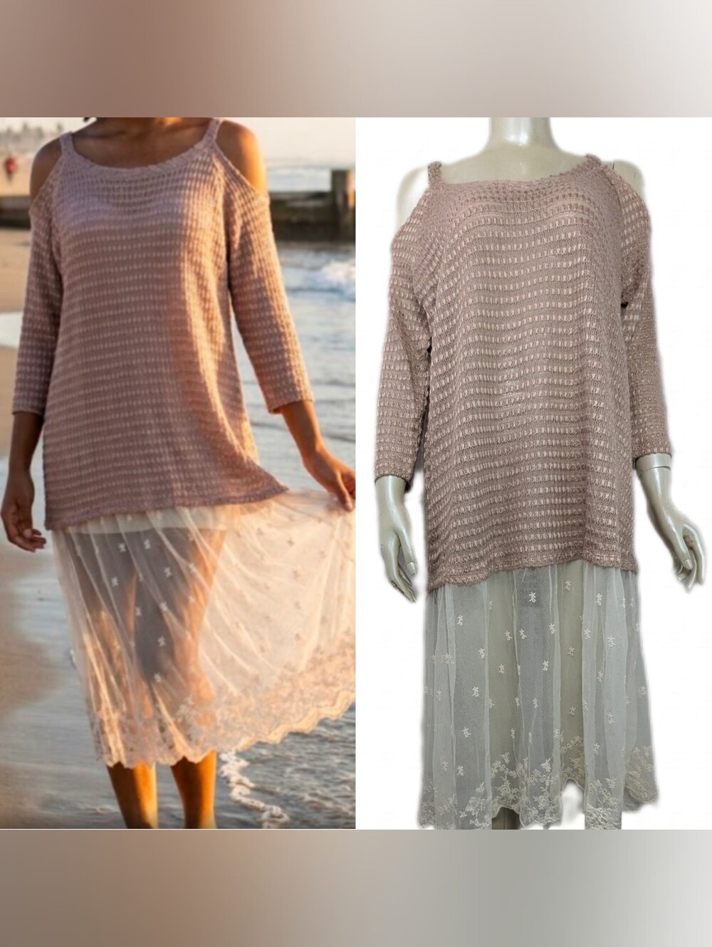 Hayden USA NWT Soft Nauve Cold Shoulder Bohemian Sweater/Dress Lace Bottom Large